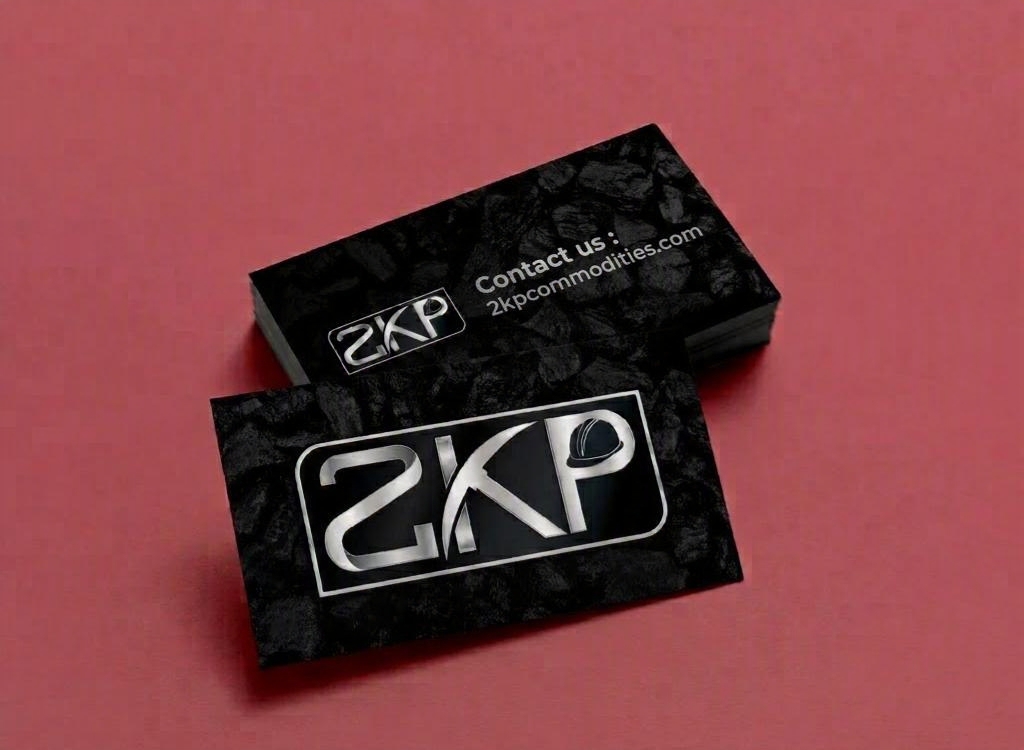 2KP Procurement Solutions branded business cards on a coal-texture design